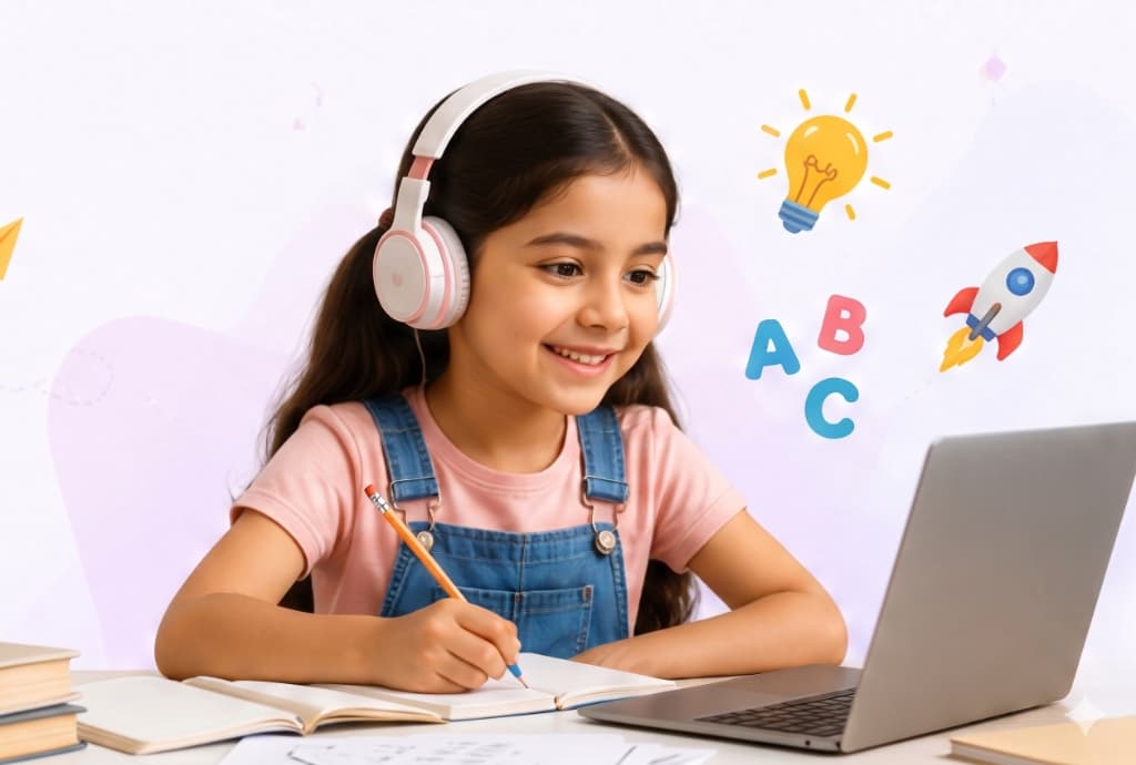 Smiling child student with books